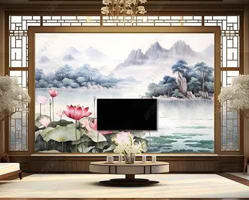 Papier Peint Intissé Style De Paysage À L'Encre De Lotus Poster Tableaux Muraux Tapisserie Photo Trompe L'Oeil Salon Chambre Art Mural 200Cm(L) X140Cm(H)