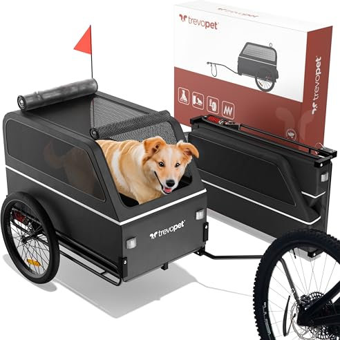 Trevopet® Hundeanhänger für Fahrrad XL – Faltbarer Hundefahrradanhänger mit Rampe, Federung & Kupplung – Fahrradanhänger Hunde bis 45 kg – Wasserdicht – Kompatibel mit E-Bikes – Shwarz