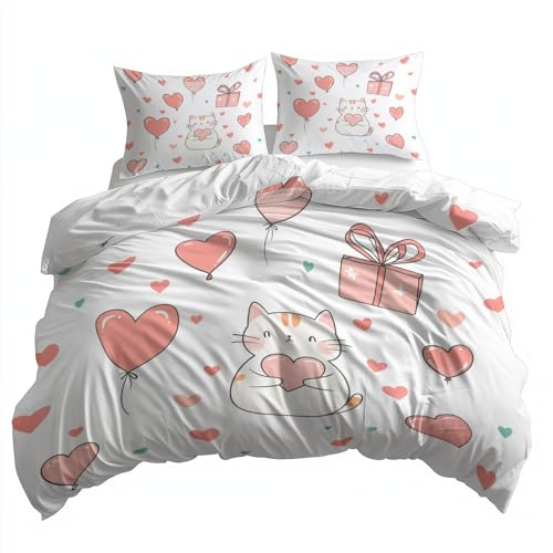 Housse de Couette 220 x 240 cm Ballons Forme Cœur Chat Romantique Dessin Animé Literie Parure de Lit Imprimé en Microfibre avec Fermeture Éclair avec Taie d'oreiller, Blanc Ensemble de lit Super Doux