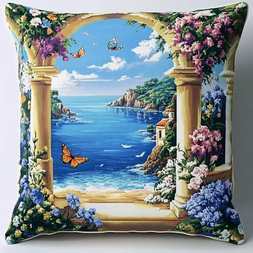 XDEGHUANGSS Loquet Crochet Complet Housse de Coussin,Belle vue sur la mer,Kit Fabrication Taie d'oreiller Coussins Tapis,Kit Coussin au Point Noué,création de Tapis et Canvas,Tapis Point Noué,43x43cm
