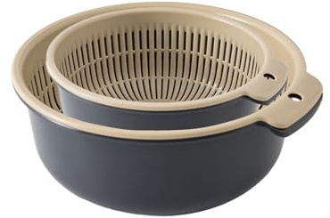 Moxeupon Juego de colador y cuenco, cesta de lavado de verduras con inserto de colador, base antideslizante, recipiente apilable para hornear, lavar ensalada de arroz