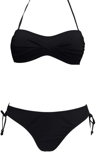 My Ribbon Laces Women's 2-in-1 Bandeau Bikini Set, Black, Convertible Halter Top with Detachable Straps, Tie-Side Bottoms (UK, Numeric, 12, Regular, Regular)