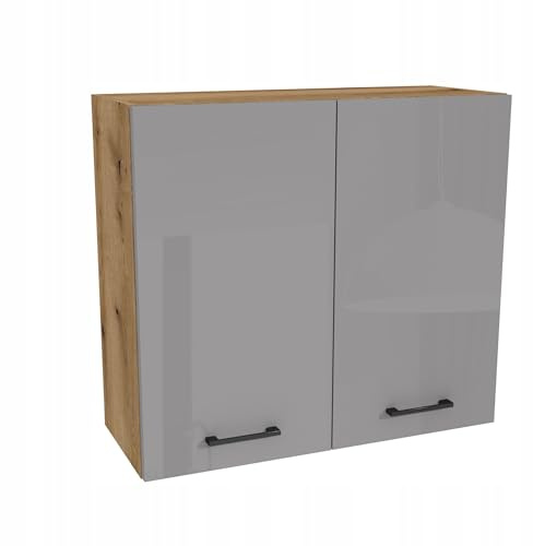 Laclar Küchenoberschrank Capri 80x32x72cm - Eiche Evoke Korpus - Grau Hochglanz Acrylfront - 2-türiger Hängeschrank mit 2 Einlegeböden & Soft-Close