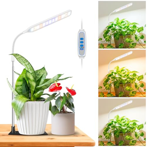 Wolezek Small Grow Lights for Indoor Plants with Base, Full Spectrum | 52 Red/Blue/White LEDs, Gooseneck, 6.5-26in Height, Timer & Dimming, with Base or Stake, for Small Plants, White, 1 Pack