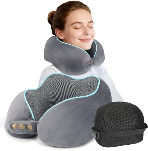 Glowturn Nackenkissen Flugzeug Memory Foam – 360° Ergonomische Unterstützung, 220g Nackenkissen, Verstellbar & Faltbar für Flugzeug, Zug & Auto, Dunkelgrau
