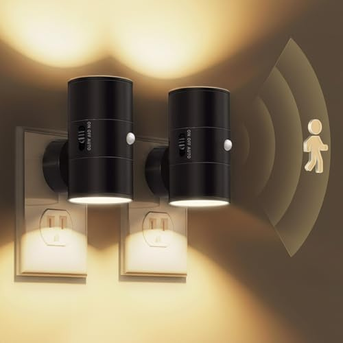 Plugify One Stecker Lampe mit Bewegungsmelder, Auf- und Abwärts Beleuchtung, Warmweißes Nachtlicht für Flur Treppe Schlafzimmer Küche (Schwarz, 2 Pcs)