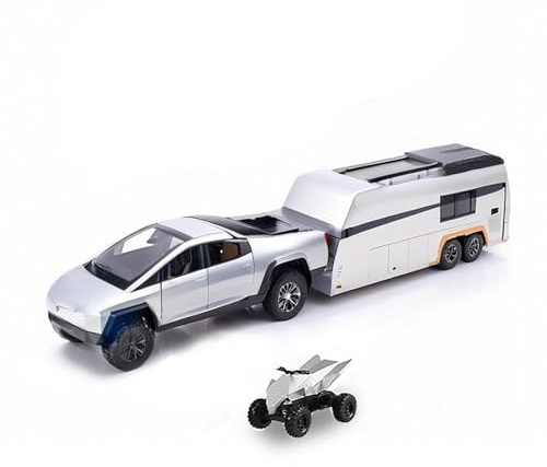 MODVKVK Truck Modellauto,Trucks Spielzeug mit Wohnmobil,Strandmotorrad,1:32-Modellbausatz für Pickup-Anhänger aus Druckgusslegierung mit Licht und Sound(Silber)