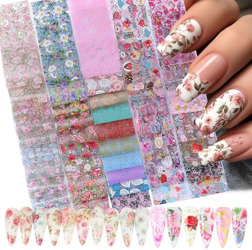 Zosutetoxo Stickers, 50PCS Nagelschablonen & Transferfolie Nägel, Stamping Schablonen Für Nägel Mit Love Herz Blumen Nail Art Foils
