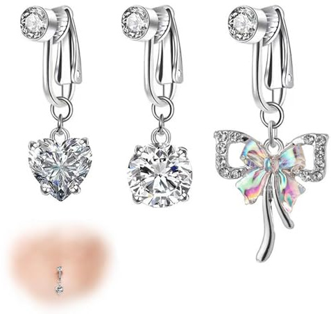 QZKJQDD 3 styck falska navelpiercingar, navelpiercing, kirurgisk stål falsk navelpiercings klämma, piercing hjärta fjäril, diamant piercing smycken för damer kvinnor