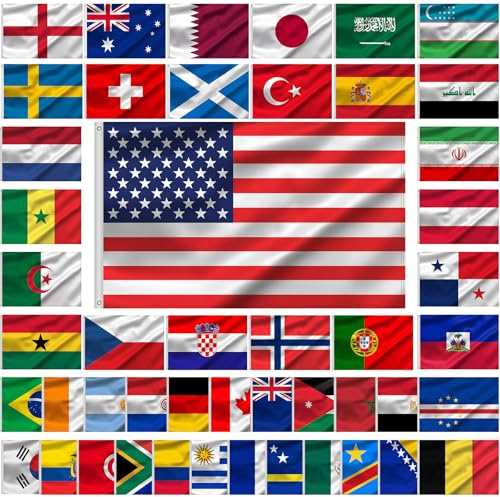 Tatuo Drapeaux 48 Pays Coupe du Monde 2026 avec Œillets, 90 x 60 cm, Foot – Idéal pour Championnat D’Europe, Événements, Conférences, Salles de Classe, Maison, Bars, Fêtes