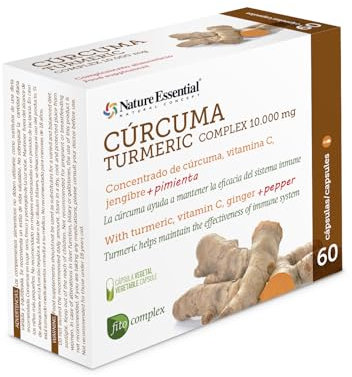 Nature Essential | Cúrcuma Complex 10.000 mg | 60 Cápsulas Vegetales | Con Jengibre, Pimienta Negra y Vitamina C | 95% Curcumina