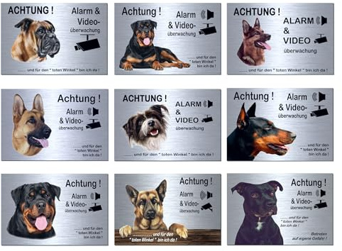 Hunde-Alarm + Video-Überwachung-Hund-Schild-Hundeschild-300 x 200 x 3 mm-Aluminium Edelstahloptik-Tierschild-Warnschild-Hinweisschild (133-7 Schäferhund mit Löcher)