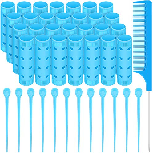 Syhood 29 Pcs Small Size Hair Roller Set Includes 28 Plastic Smooth Rollers 0.63 Inch/ 1.6 cm Hair Curlers with Steel Pin Tail Comb for Short Long Hairdressing Styling Tools, Blue