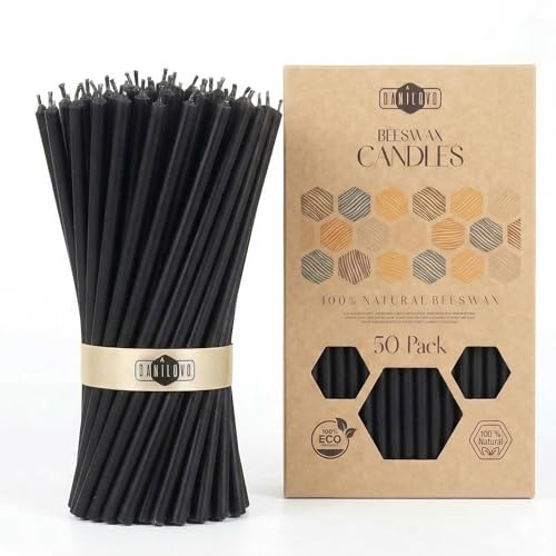 Danilovo Bienenwachs Kerzen 50 Stück (Schwarz) - Orthodoxe Kerzen für Gebet Rituals Tischdeko - Ungiftig, Ruß - Tropffrei, Lang, Nachhaltige Produkte (Höhe 16,5 cm)