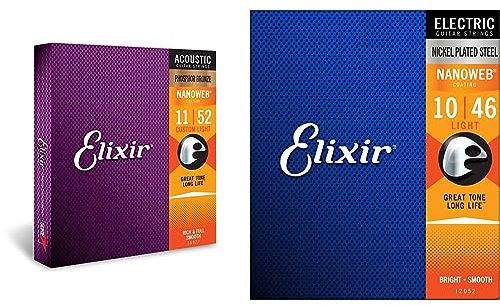 Elixir 16027 Saiten Phosphor Bronze Akustik-Gitarrensaiten mit NANOWEB Beschichtung, Custom Light (.011-.052) & ® Saiten E-Gitarrensaiten mit NANOWEB®Beschichtung, Light (.010-.046)