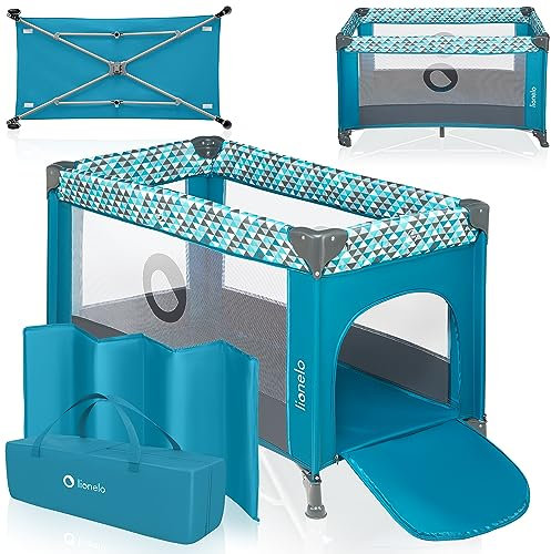 LIONELO Stefi Baby Laufstall, Kinderbett, Reisebett ab Geburt bis 15 kg, Seiteneingang, Sicherungssystem LockGuard, Blockade der Räder, Tragetasche, zusammenklappbar
