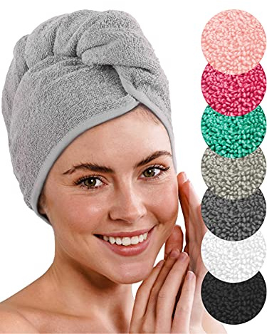 LAYNENBURG Premium hårturban med knapp tillverkad av 100 % bomull – hårhandduk med 4 hårgummin – för kort och långt hår – turbanhandduken är snabbtorkande och absorberande (grå)