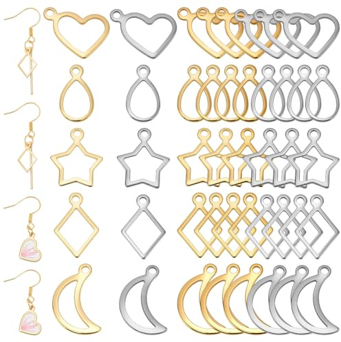 PH PandaHall 10 Styles Open Bezels Charms 100pcs Moon Star Pendant Resin Bezels Charm 304 Stainless Steel Heart Hollow Frame Charms for Valentine's Day Jewellery Making Necklace Earrings, 7-11x12-15mm