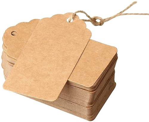 Braune Preisschilder mit Schnur, Kraft-Gepäckanhänger, Basteletiketten, Papier-Geschenkanhänger, Etiketten, DENSCO 100 Stück, 9 x 4 cm, mit Jute-Schnur, DIY für Hochzeitsgeschenke (Braun, 9 x 4)
