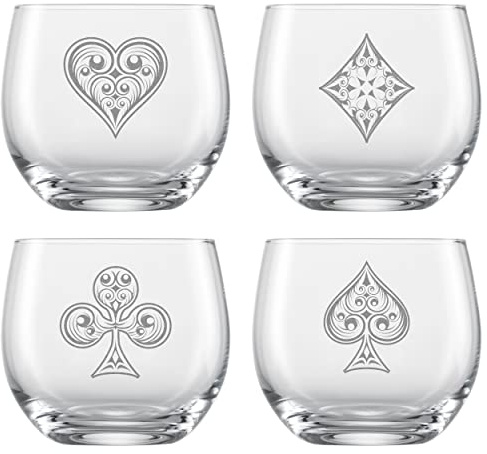 Poker Whiskygläser 4er Set | 4x 400ml Trinkgläser mit Herz Karo Pik Kreuz
