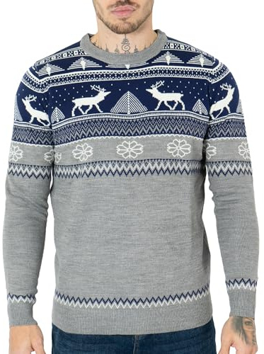 NOROZE Jultröja för män, stickad tröja i nordisk stil, tröja med lätt vikt, tryck med renar, rundad hals, långärmad pullover, topp, juljumper, XXL