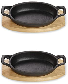ECHTWERK Bol de service en fonte, plats de service, cocotte avec planche de service, poêle à frire, déjà cuit, pour le four, le barbecue et le barbecue, idéal pour le service, petite édition, 2 pcs.