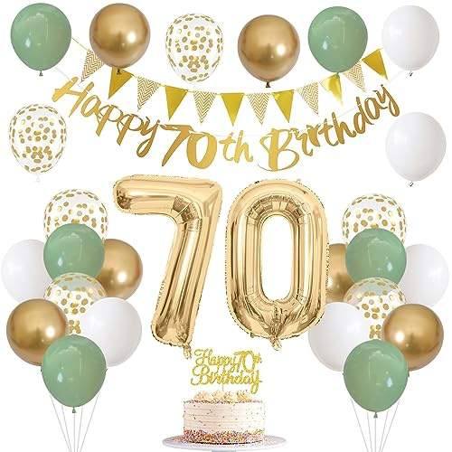 70th Birthday Decorations for Men Women, Sage Green White Gold Balloons Banner 70th Cake Decoration Number 70 Balloon for 70 Year Old Birthday Party Decor