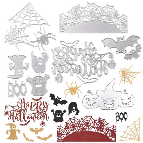 URROMA 6 Stück Halloween-Metall-Stanzformen, Stanzschablone, Prägeschablone, Geist, Fledermaus, Kürbis, Spinnennetz, Wortmuster, Stanzformen für Papierkarten, Dekoration, DIY, Scrapbooking, Album,