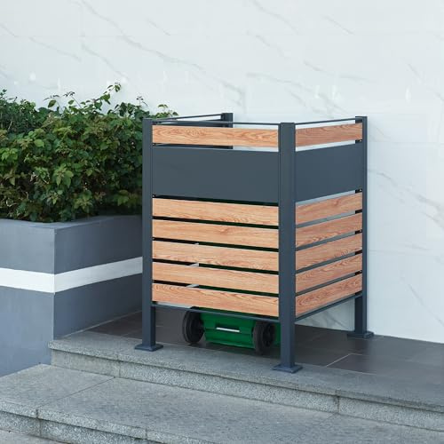 [en.casa] Cache-Poubelle Élégante pour Extérieur Clôture pour Dissimuler Poubelles Résistante aux Intempéries Acier Galvanisé 120 x 91 x 91 cm Anthracite Effet Bois