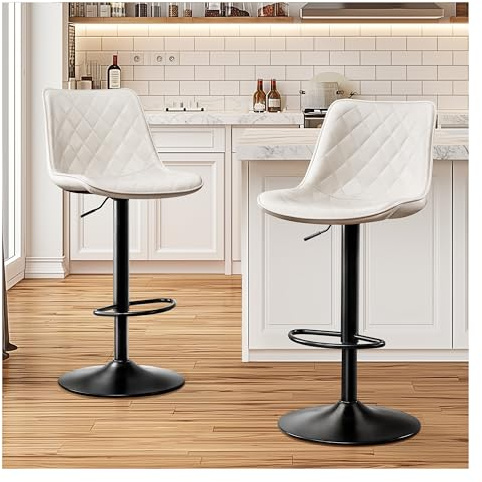 STOOLINK Set med 2 barstolar med mikrofiberläder, barstol justerbar höjd roterbar, barstol med ryggstöd, bistropall med fotstöd, diskpall designer, 150 kg, lastbar vit