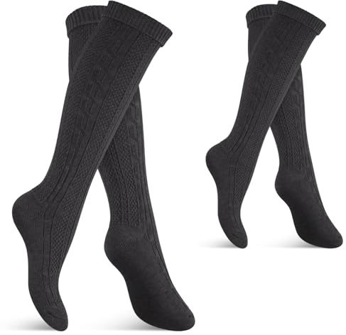 Celodoro Chaussettes hautes traditionnelles pour femmes et hommes (2 paires) Chaussettes Oktoberfest avec revers, anthracite, 35-38