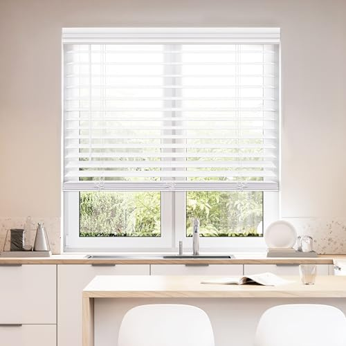 DEZ FURNISHINGS Cordless 2 Faux Wood Blind, 70 W x 60 H, White