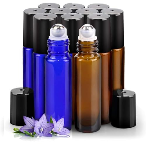 Best ZOIKOM Roller Ball Bottles for Essential Oils, 12pcs Rollerball Bottles with Stainless Steel Ball, 10ml Glass Roller Bottles with 1 Bottle Opener, 2 Dropper, 2 Pipette,40 Label for Essential Oil