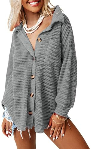 DUOEASE Blusas de Mujer Elegantes Cuello en V Waffle Chaqueta de Punto Mujer Camisa Casual-Gris-M