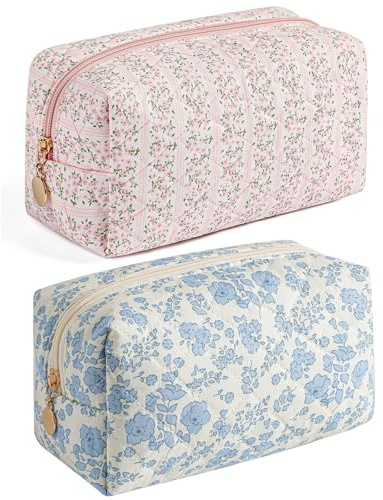 HHQQWZ Makeup Travel Cosmetic Bag, Two Pack: Pink+Blue Floral, Zipper Closure, Durable Polyester, Perfect for Toiletry, Makeup, Travel
