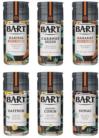 BART Middle Eastern Spice Collection - Sumac, Caraway Seeds, Saffron, Baharat Spice Blend, Harissa Spice Blend, Ground Cumin - Ideal for Middle Eastern Cooking (6 Jar Bulk Buy Set)