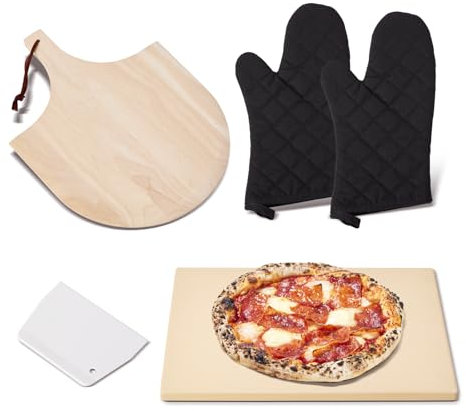 ROCKSHEAT Pizza Stone Set, 30 x 38cm Rectangular Pizza Stone for Oven Grill BBQ with Wooden Pizza Peel & Oven Mitts, Cordierite Baking Stone for Bread, Unique Built-in 4 Handles Cooking Stone