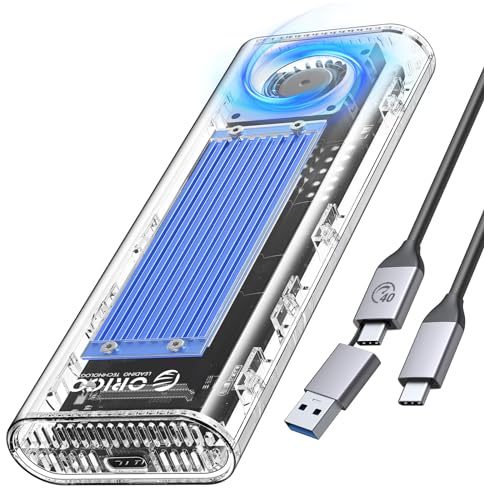 ORICO Carcasa SSD NVMe 40gbps con Ventilador, Carcasa M.2 SSD para Thunderbolt 4/3 y USB 4/3.2/3.1/3.0, Adaptador M2 Transparente para SSD Interno M-Key 2230/2242/2260/2280, TCM2-U4-BL