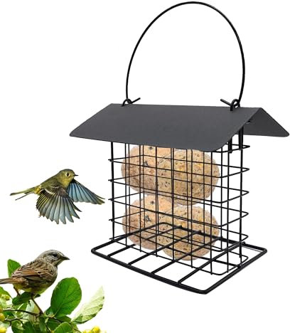 LIANCHEN 13x14.5x8cm Vogelfutterstation Metall Meisenknödelhalter zum Aufhängen Meisenknödelhalter mit Dach Futterspender für Wildvögel, Garden, Balkon, Ganzjährige Nutzung Vogelfutterhaus (Schwarz)