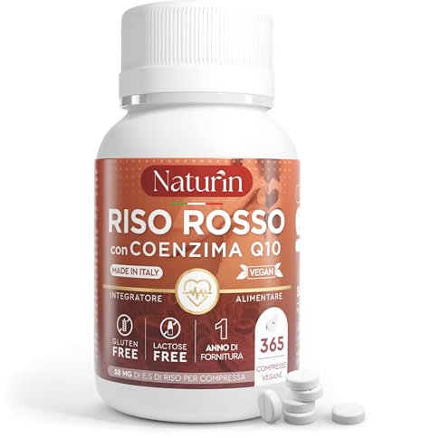 Riso Rosso Fermentato 365 Compresse (1 Anno) + Coenzima Q10 + Monacolina K, Integratore 100% Vegano ad Alto Dosaggio per Colesterolo e Benessere Cardiovascolare by NATURIN