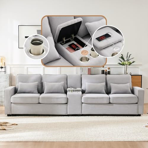 Wyibwy Sofá de 4 plazas con consola, con 2 portavasos y 2 puertos USB, sofá moderno con bolsillos en los reposabrazos y 4 cojines, de tela de lino, 290 x 83 x 88 cm, para salón o casa, en color Gris