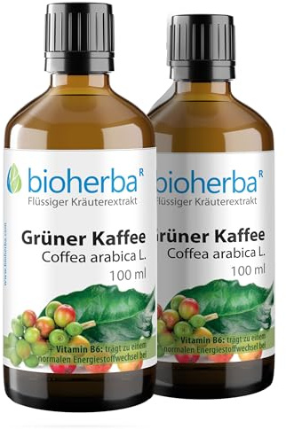 2 Stk. Grüner Kaffee Tropfen, Tinktur 100 ml – Auszug aus Coffea arabica L., ergänzt mit Vitamin B6, Vegan von BIOHERBA PZN 17186687