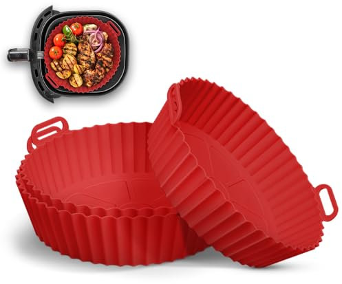 Keplin - 3 Pack Red Round Silicone Air Fryer Liners - BPA-Free, Food-Grade, Heat Resistant to 230°C - Non-Stick and Reusable - Dishwasher Safe for Easy Cleaning - Meets LFGB Standards