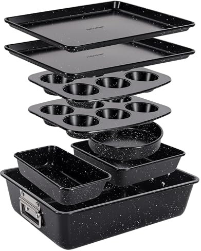 NutriChef 8-Piece Stackable Bakeware Set - Carbon Steel Non-Stick Baking Pan Set, Sheet, Muffin, Round, Loaf, Square Cake & Deep Pans, 450°F Heat Resistant, Standard & Convection Ovens (Black Marble)
