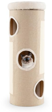 GOPLUS Árbol para Gatos en Forma de Barril, Casa de Gatos de Varios Niveles con 3 Agujeros y Cama de Felpas Desmontable, Árbol para Mascotas de Interior con Funda Extraíble y Tabla Rascadora, Beige