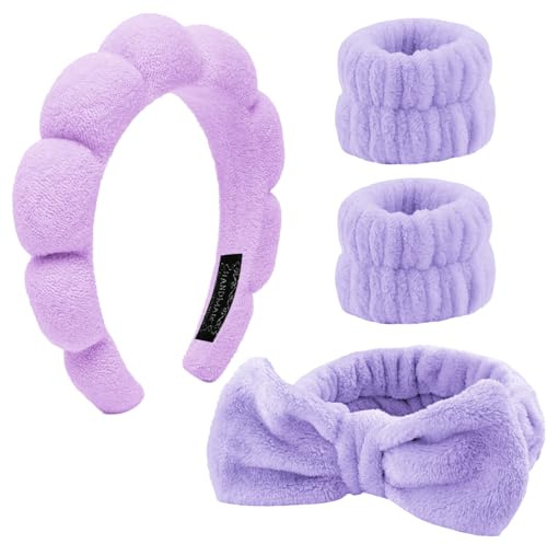 Lot de 4 bandeaux de cheveux, cosmétiques, pour le spa, le maquillage, les soins de la peau, pour femme, beauté, fille, yoga, sport, douche, démaquillage (violet)