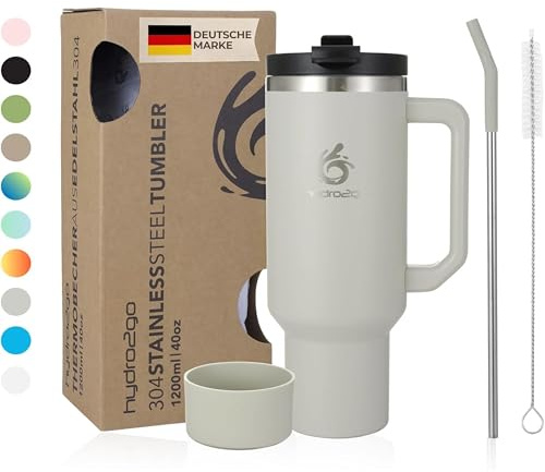 hydro2go® 1200ml/40oz Thermobecher, Kaffeebecher to Go, Isolierbecher mit Griff & Strohhalm, Reise- & Autobecher, Tumbler für Heiß- & Kaltgetränke (Moon, 1200 ml)