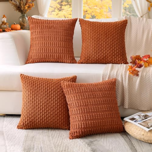 Sungeek 4er Set Cord Kissenbezüge Herbst, Dekorativ Zierkissenbezüge Weich Kissenbezug Dekokissen Sofakissen Boho Deko Bezug Kissenhülle für Schlafzimmer Wohnzimmer (Gestreifte Kordsamt, 40x40 cm)
