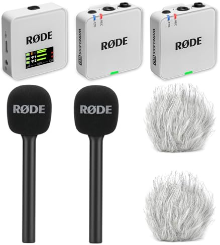 Rode Wireless GO Gen 3 - Sistema wireless per microfono a 2 canali, bianco con 2 adattatori a mano e 2 paravento Keepdrum