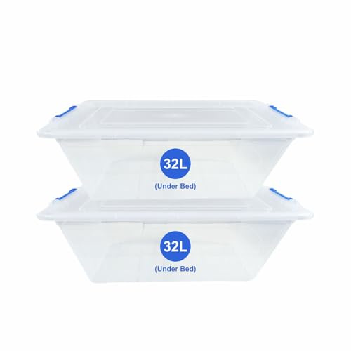 RelianceUK 2 X 32L Under Bed Plastic Storage Boxes with Lids | Stackable Storage Containers with Clip Lock Lids Plastic Storage Box with Lid for Home, Office, Garage (32 Litre / 2 Pack(Underbed)